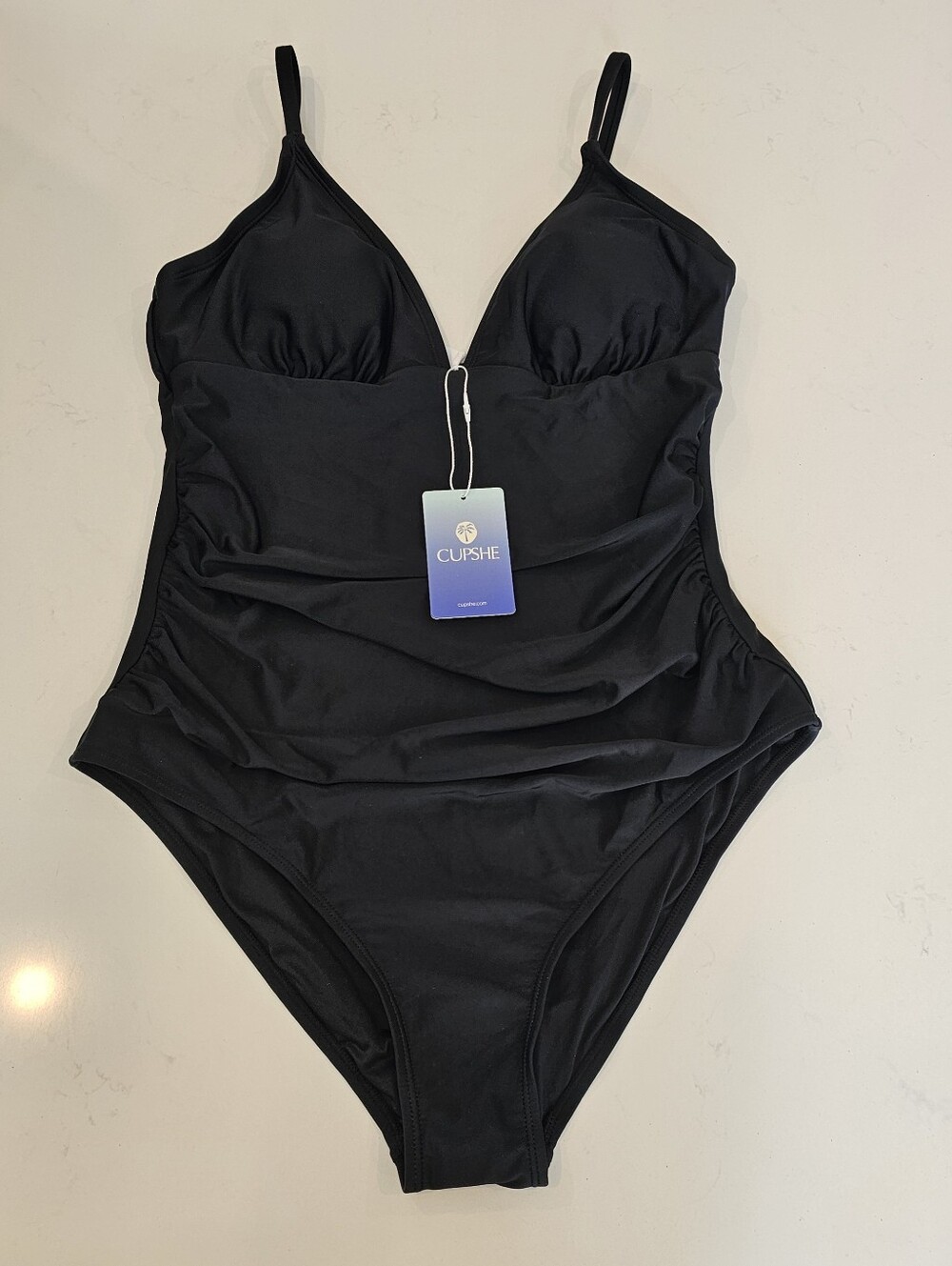CUPSHE Black Ruched V-Neck One Piece Swimsuit Size L NWT